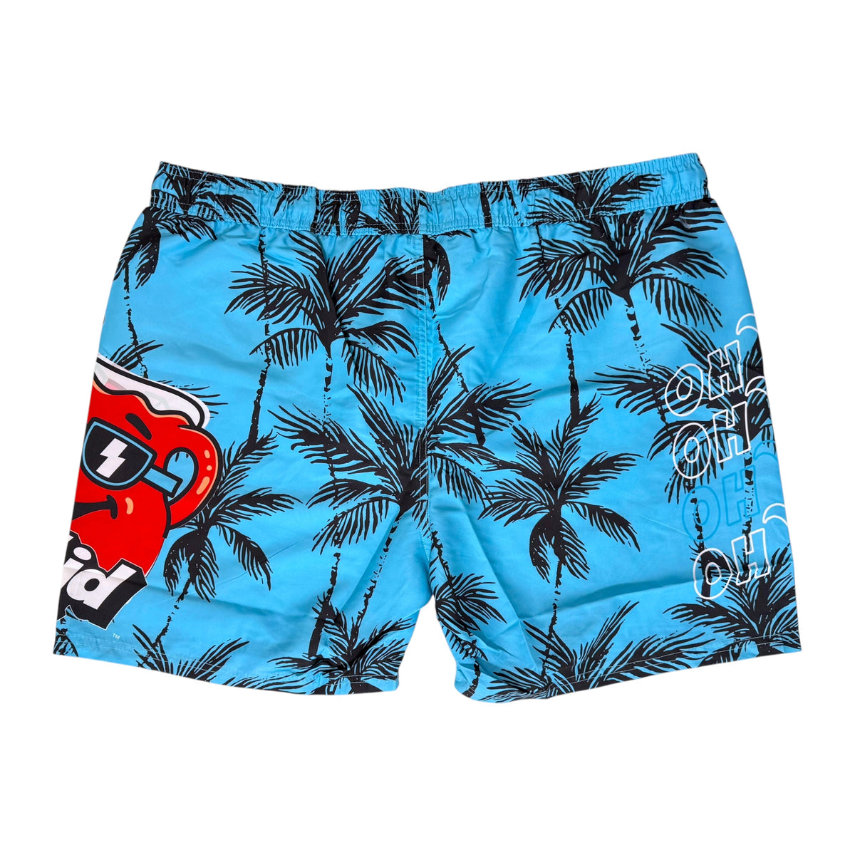 Blue swim trunks with a black palm tree pattern, featuring a red cartoon drink character on the left leg and white text on the right leg, shown flat on a white background.