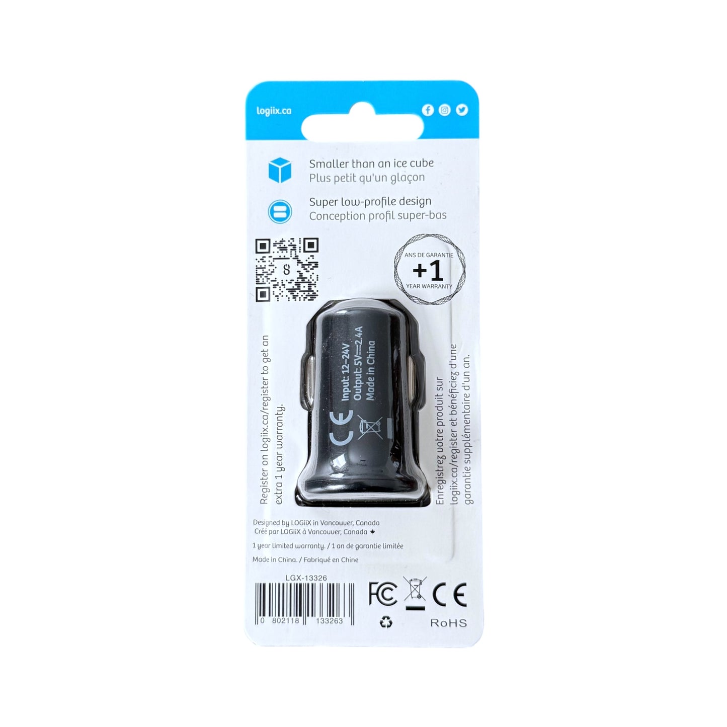 A black 2-pin car cigarette lighter charger by Logiix, still in its original retail blister packaging, shown against a plain white background.
