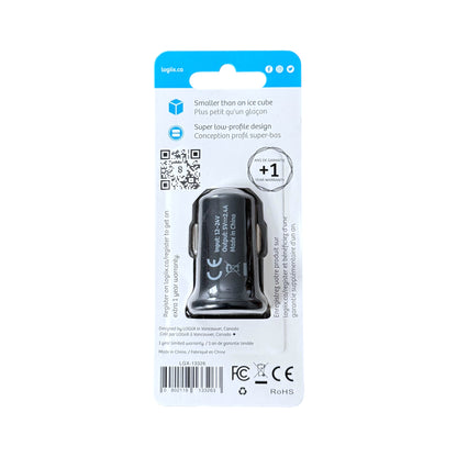 A black 2-pin car cigarette lighter charger by Logiix, still in its original retail blister packaging, shown against a plain white background.