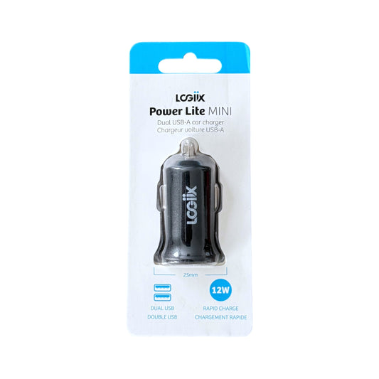 Logix Power Lite Mini dual USB-A car charger in its retail blister packaging, featuring a black charger with a clear protective cap on a white and blue card.
