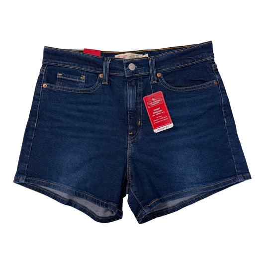 A photo showing a pair of Levi Strauss Signature Women's Mid-Rise Vintage Original Shorts in a dark wash with retail tags attached. Shown on a white background. 