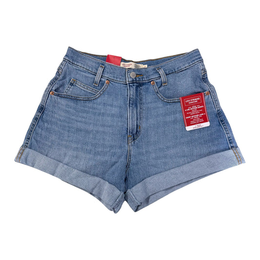 Photo showing a pair of light wash Levi Strauss Signature Women's Vintage A-Line Western Shorts with retail tags attached. Shown on a white background.