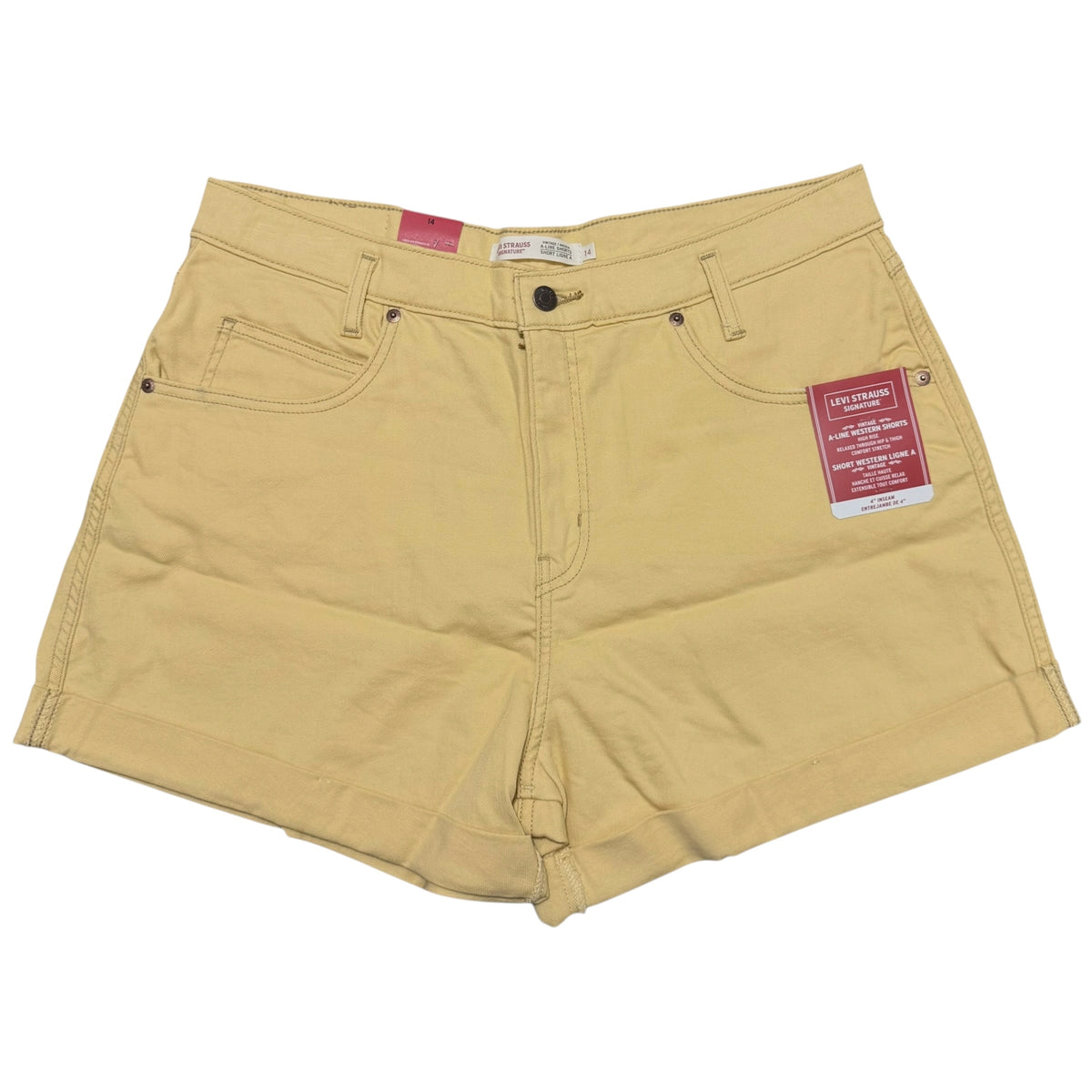 Photo shows a pair of yellow Levi Strauss Signature Women's Vintage A-Line Western Shorts with retail tags attached. Shown on a white background.