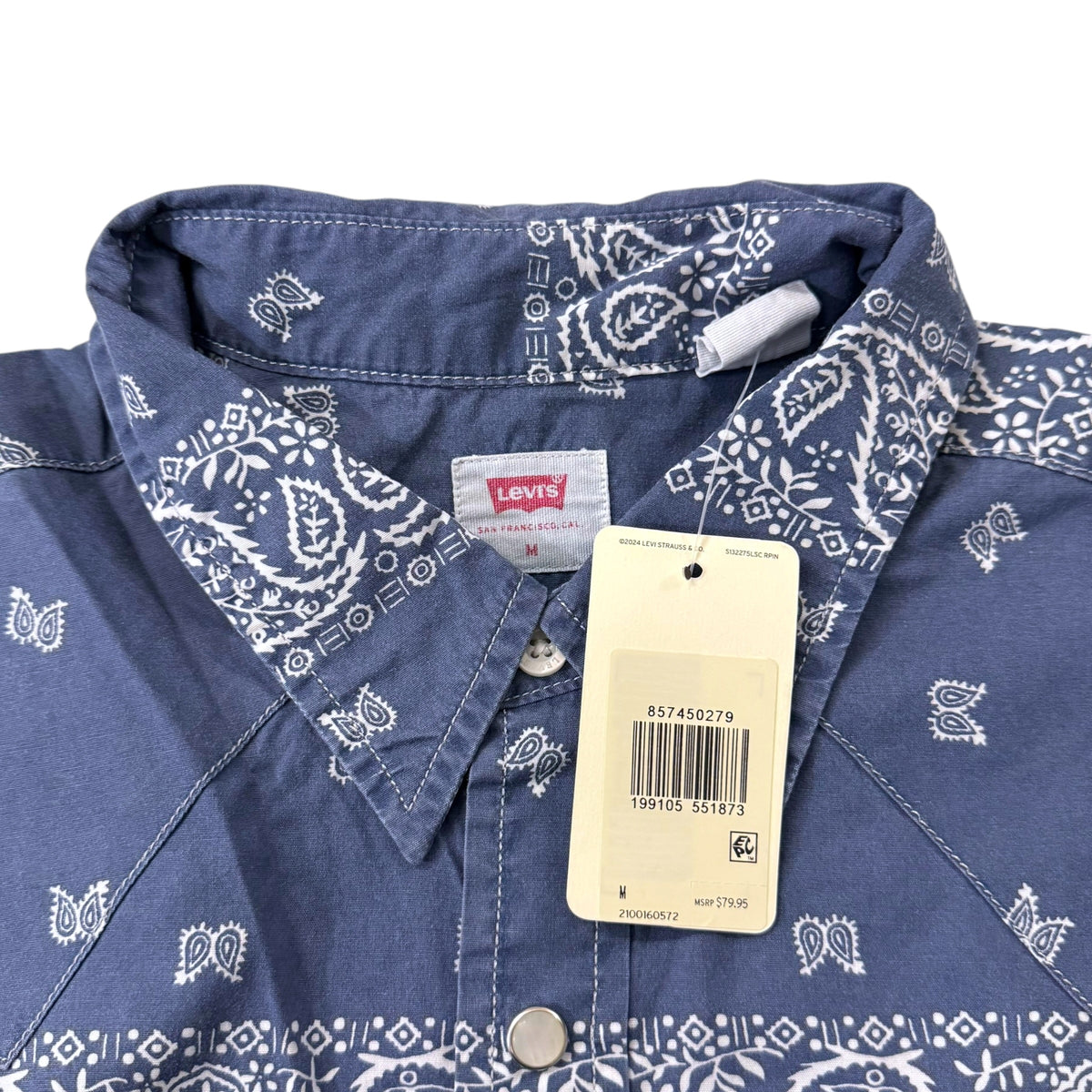 Photo showing a Levi's Men's Classic Western Standard Fit Shirt with retail tags attached. Shown on a white background.