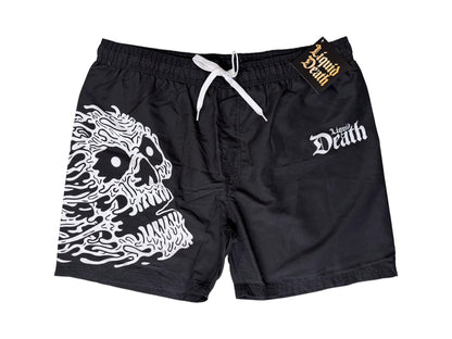 Photo shows a black pair of Liquid Death Men's Swim Shorts with retail tags attached. Shown on a white background.