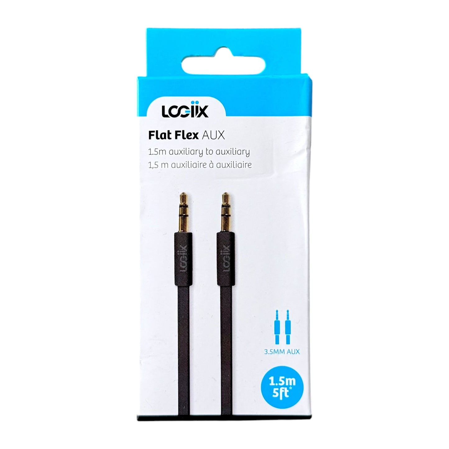 A 1.5m flat flex AUX cable by Logiix, shown inside its retail packaging.