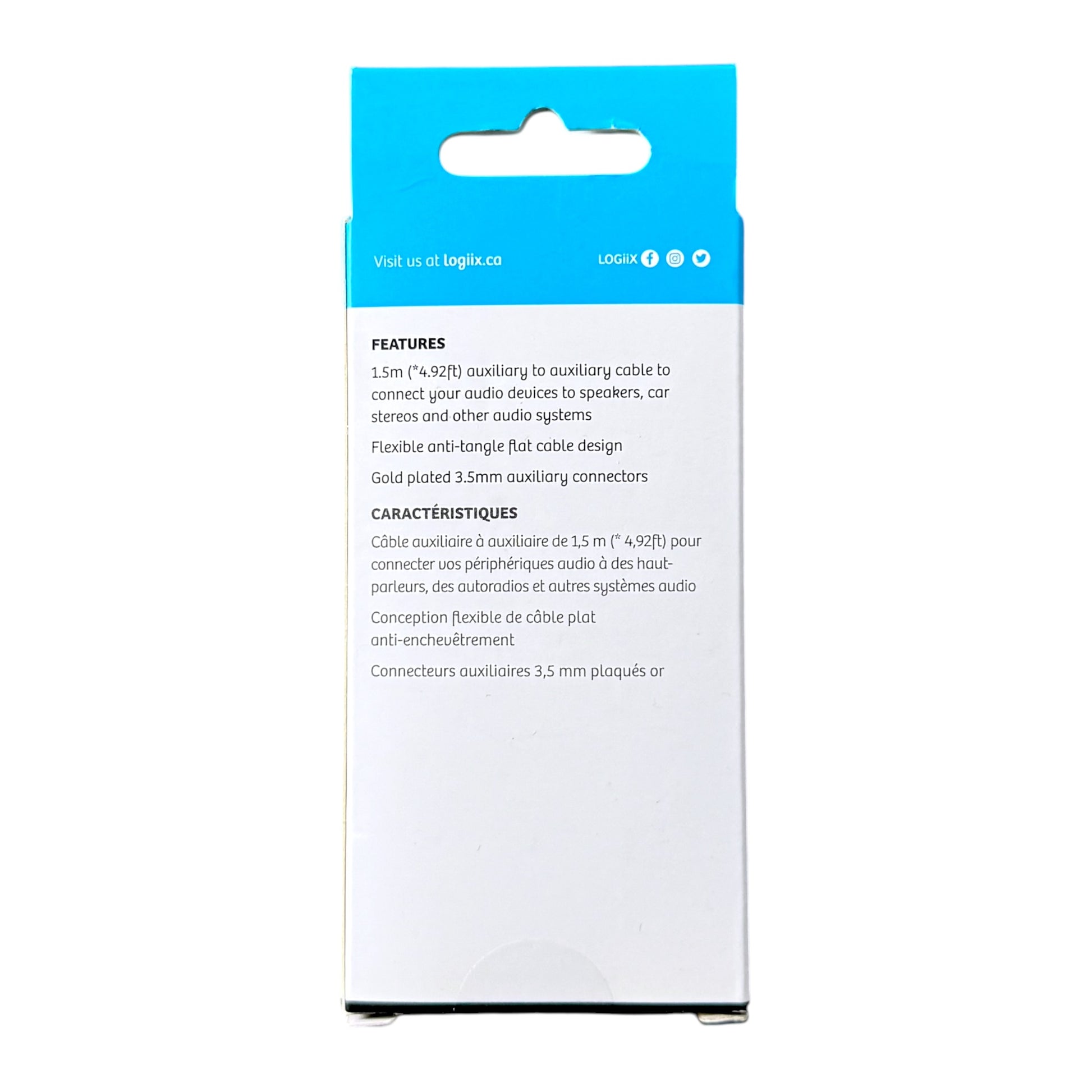 The back of a Logiix auxiliary cable packaging box, featuring product features in English and French on a white background with a bright blue header card.