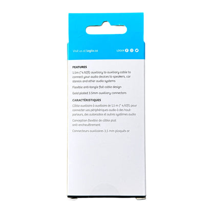 The back of a Logiix auxiliary cable packaging box, featuring product features in English and French on a white background with a bright blue header card.