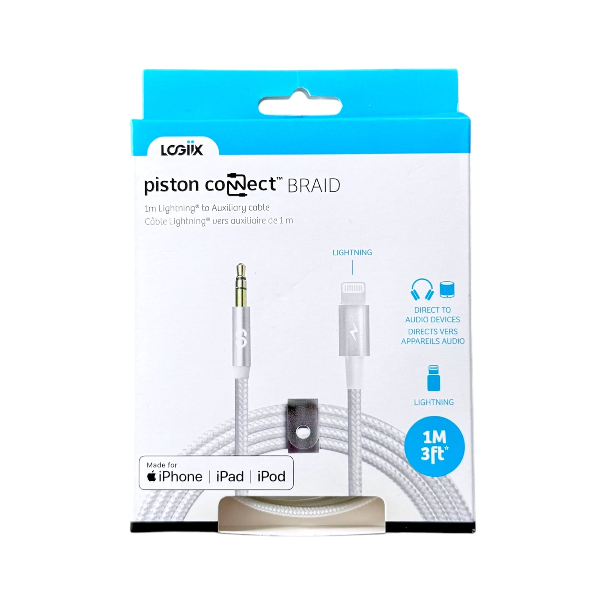 Logix Piston Connect Braid Lightning cable in its original retail packaging, featuring a white and blue box with product details and compatibility icons for iPhone, iPad, and iPod.