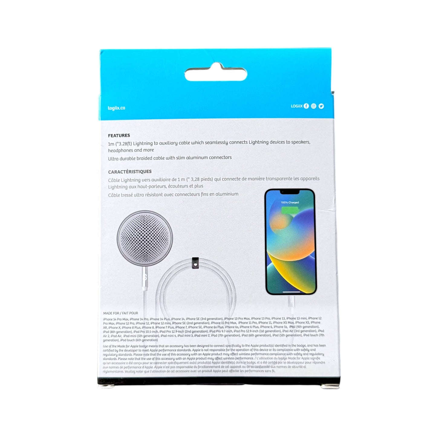 Logiix Lightning to auxiliary cable in its retail packaging, featuring a white box with a bright blue header card and illustrations of the cable and a smartphone.