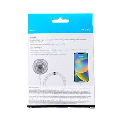 Logiix Lightning to auxiliary cable in its retail packaging, featuring a white box with a bright blue header card and illustrations of the cable and a smartphone.