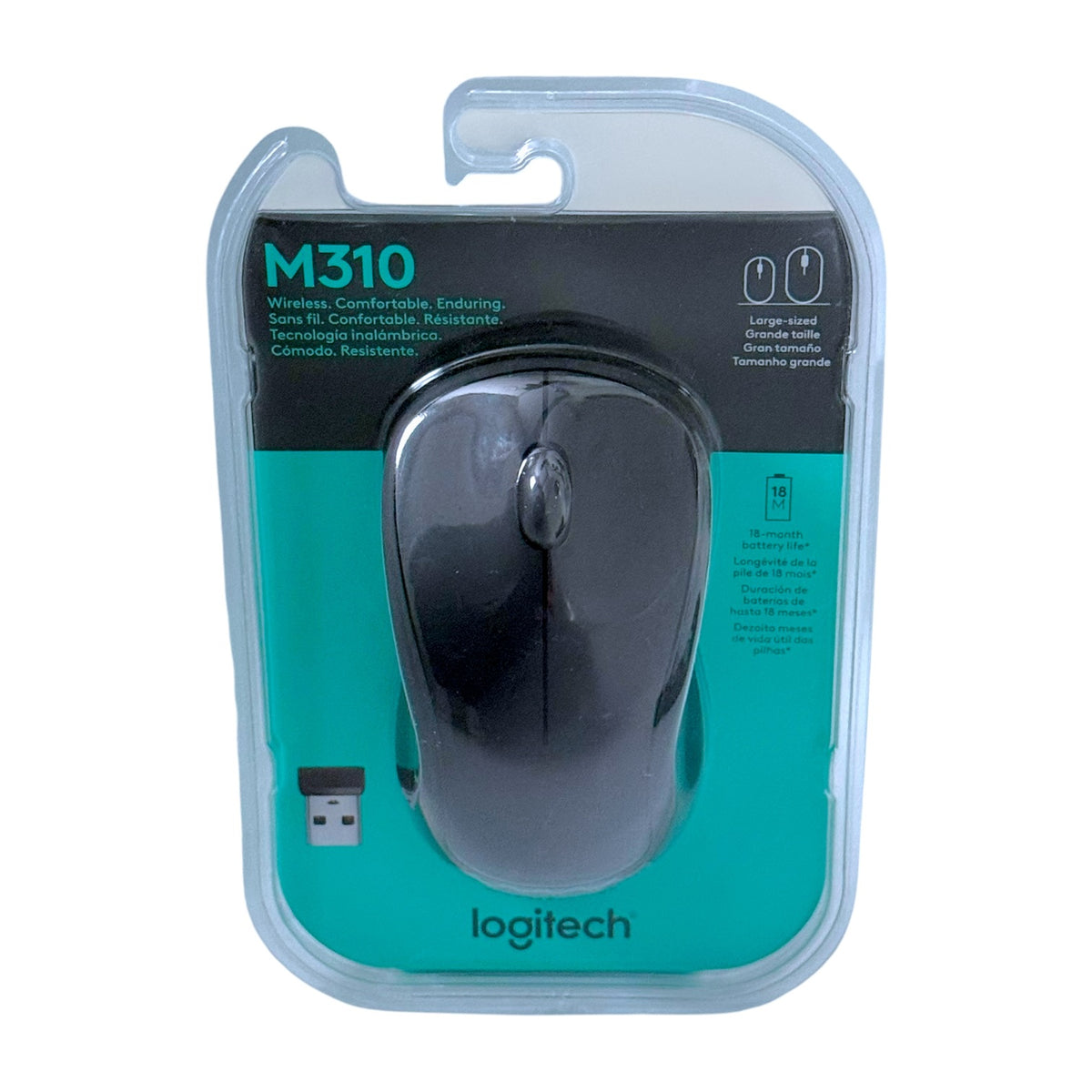 Logitech M310 wireless computer mouse in its original retail blister packaging, featuring a black mouse and a small USB receiver on a teal and black card.