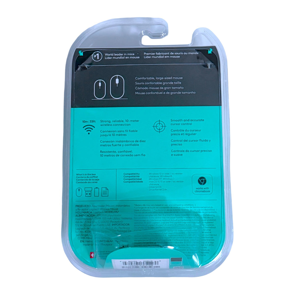 A wireless computer mouse in its original clear plastic clamshell packaging with a teal and black printed backing card, shown against a plain white background.