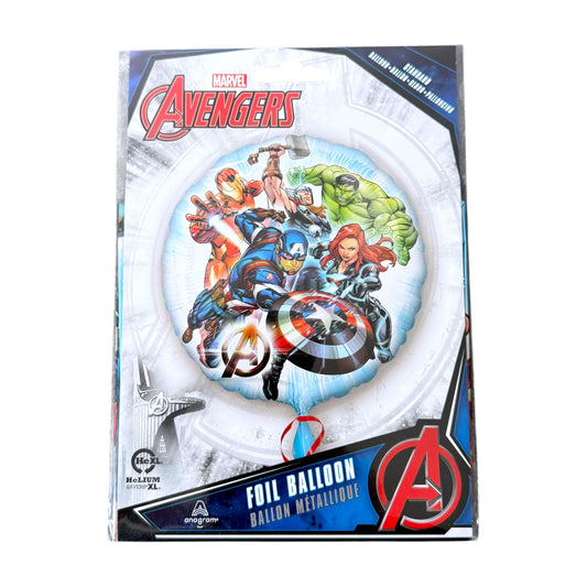 Marvel Avengers foil balloon in its original retail packaging, featuring a colorful illustration of the Avengers team on the front.