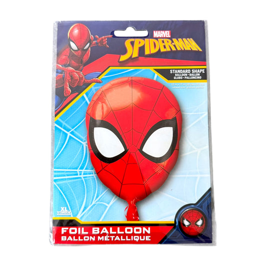 Marvel Spider-Man foil balloon in its original retail packaging, featuring a red and black spider-themed balloon on a blue and yellow carded backing.