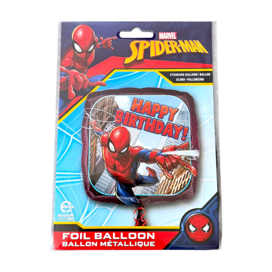 Marvel Spider-Man foil balloon in its retail packaging, featuring a metallic balloon with Spider-Man graphics and 'Happy Birthday!' text.