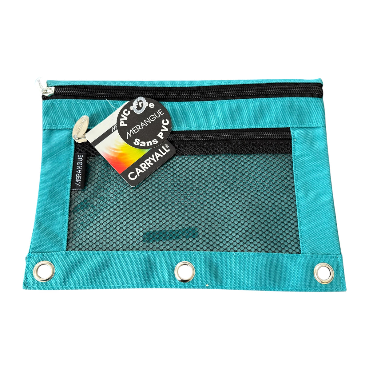 Turquoise pouch with mesh pocket and metal grommets on a white background