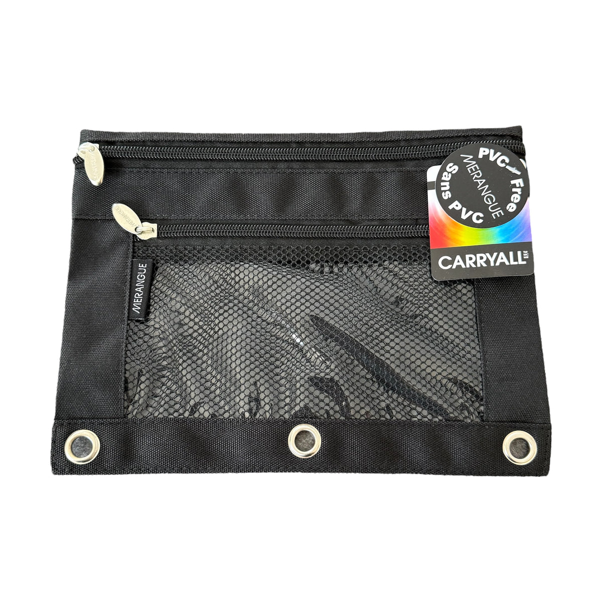 Black pouch with mesh pocket and grommets on a white background