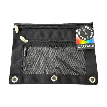 Black pouch with mesh pocket and grommets on a white background