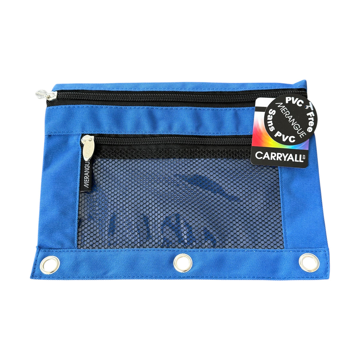 Blue pouch with mesh pocket and visible brand label on a white background