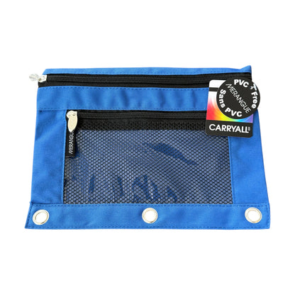 Blue pouch with mesh pocket and visible brand label on a white background