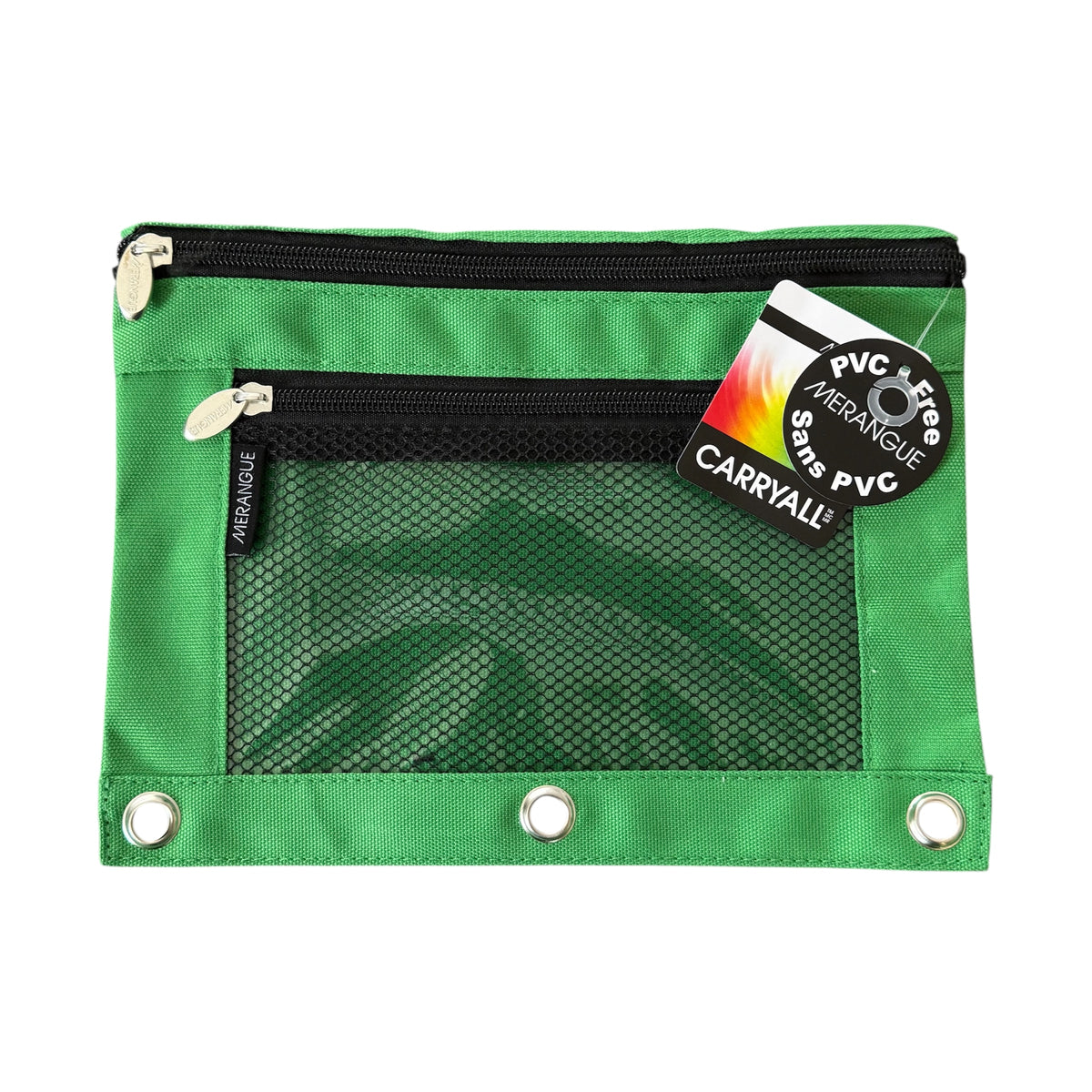 Green pouch with mesh pocket and zipper on a white background