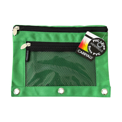 Green pouch with mesh pocket and zipper on a white background