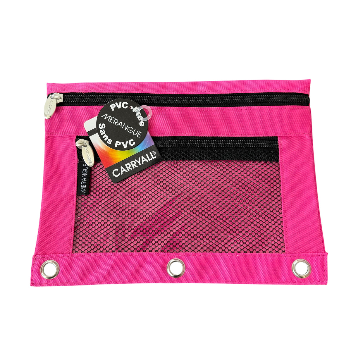 Pink pouch with mesh pocket and zipper on a white background