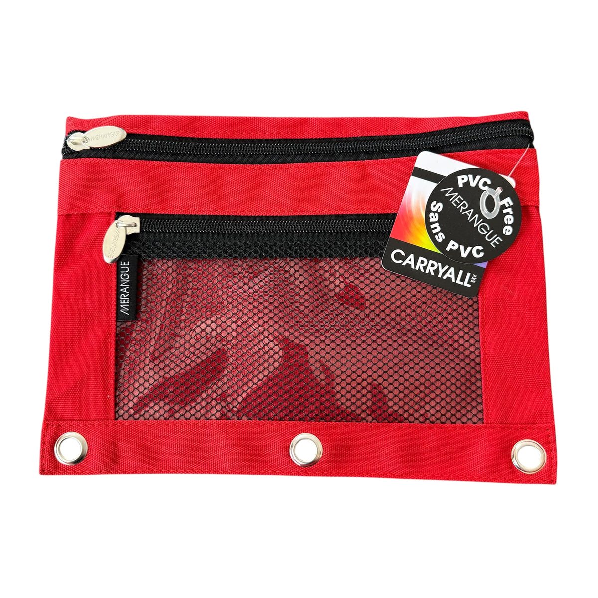 Red pouch with mesh pocket and zipper on a white background
