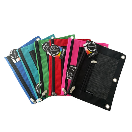 Set of colorful pouches with visible brand name on a white background