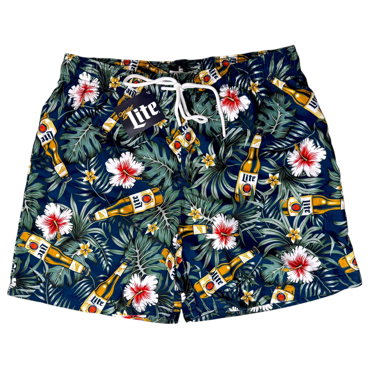 A pair of men's swim trunks featuring a dark navy blue tropical print with Miller Lite beer bottles, hibiscus flowers, and palm leaves, complete with a white drawstring waist.