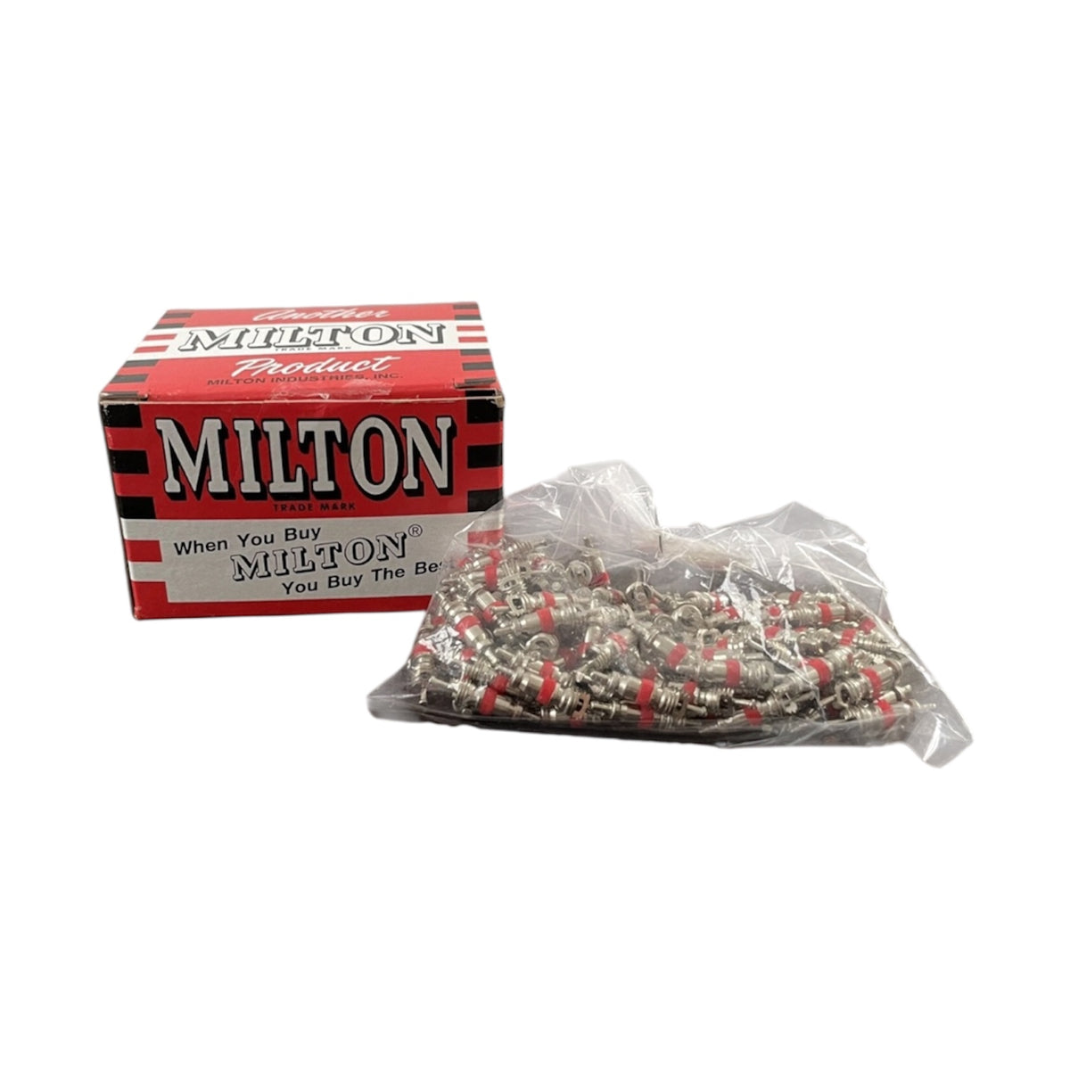 Milton Industries 404-100 TR C1 Tire Valve Cores in their retail product packaging with a box and a bag on a white background