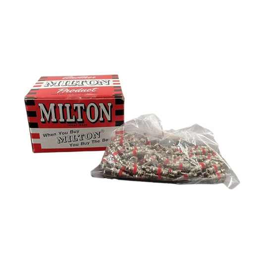 Milton Industries 404-100 TR C1 Tire Valve Cores in their retail product packaging with a box and a bag on a white background