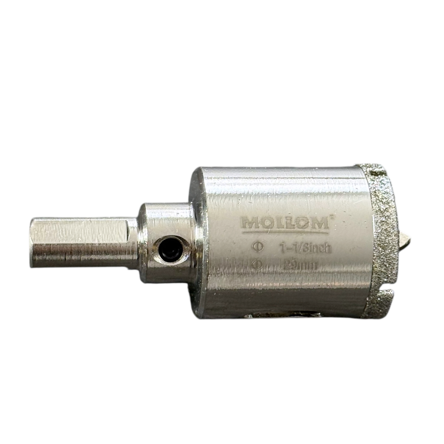 A metallic Mollom 1-1/8 inch diamond hole saw, shown on a plain white background.