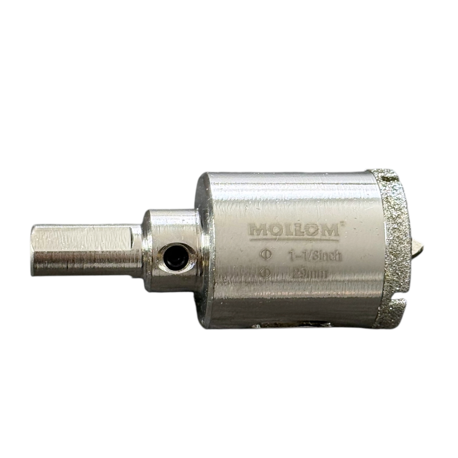 A metallic Mollom 1-1/8 inch diamond hole saw, shown on a plain white background.