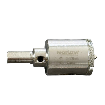 A metallic Mollom 1-1/8 inch diamond hole saw, shown on a plain white background.