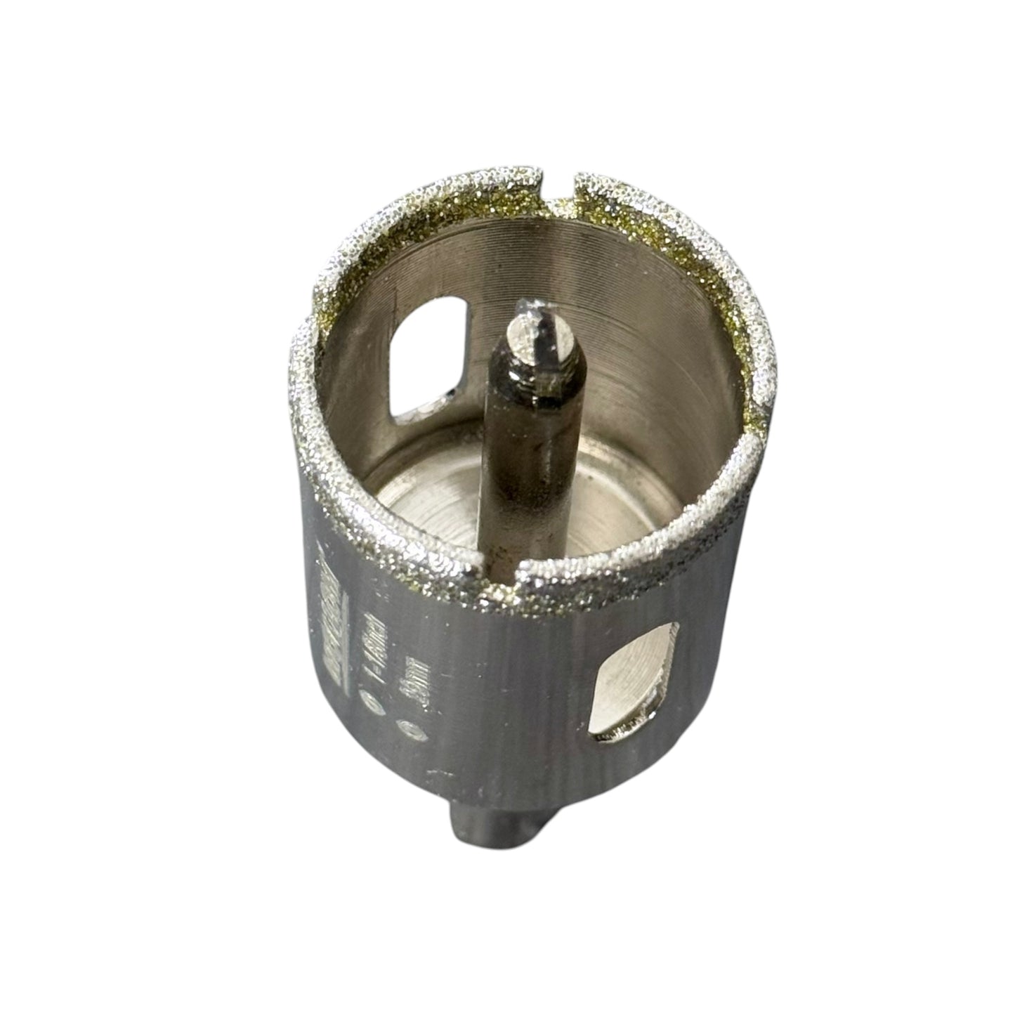 A circular metal hole saw bit with a diamond-cut outer edge and a central shaft, shown on a plain white background.
