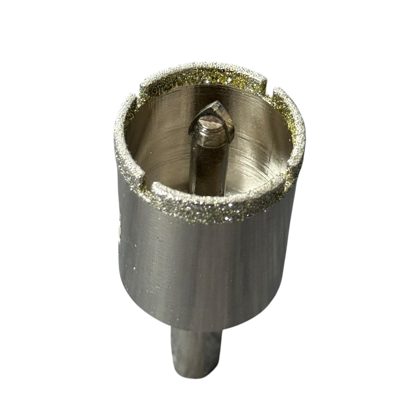 A diamond core drill bit with a metallic silver body and a textured, diamond-coated outer edge, shown on a plain white background.