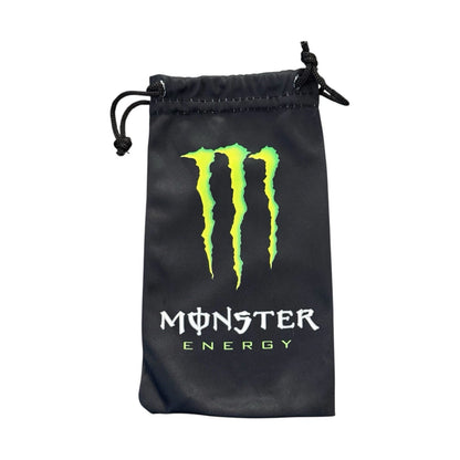 A black drawstring pouch featuring the green and white Monster Energy claw logo and brand name printed on the front, set against a plain white background.
