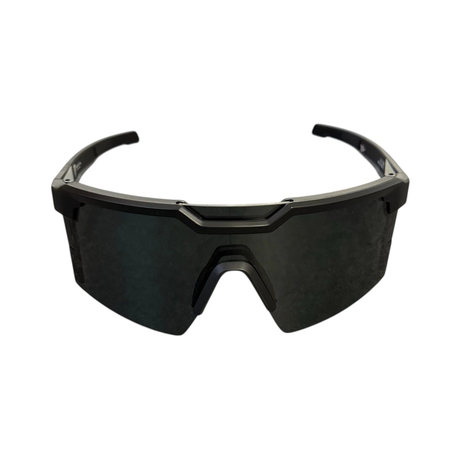Black wrap-around shield sunglasses with a thick protective frame and dark tinted lenses, shown against a plain white background.