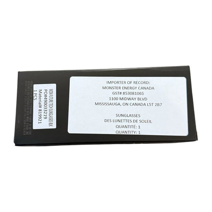 A black rectangular sunglasses box with white labels showing import and record details, photographed on a plain white background.