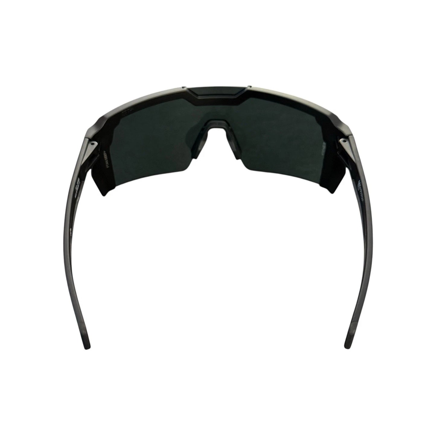 Black wrap-around shield sunglasses with dark lenses, shown from the front on a plain white background.