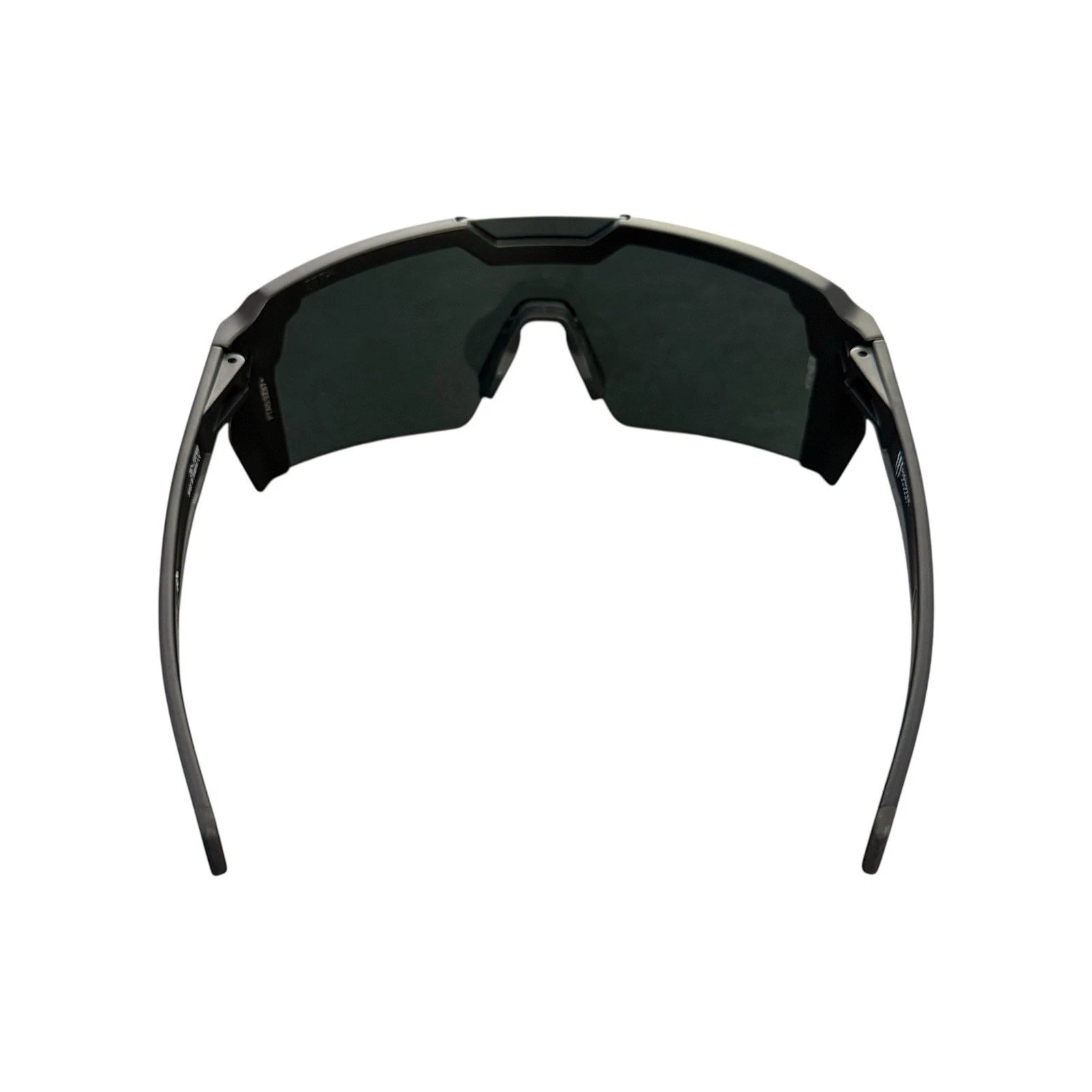 Black wrap-around shield sunglasses with dark lenses, shown from the front on a plain white background.