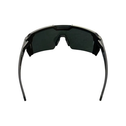 Black wrap-around shield sunglasses with dark lenses, shown from the front on a plain white background.