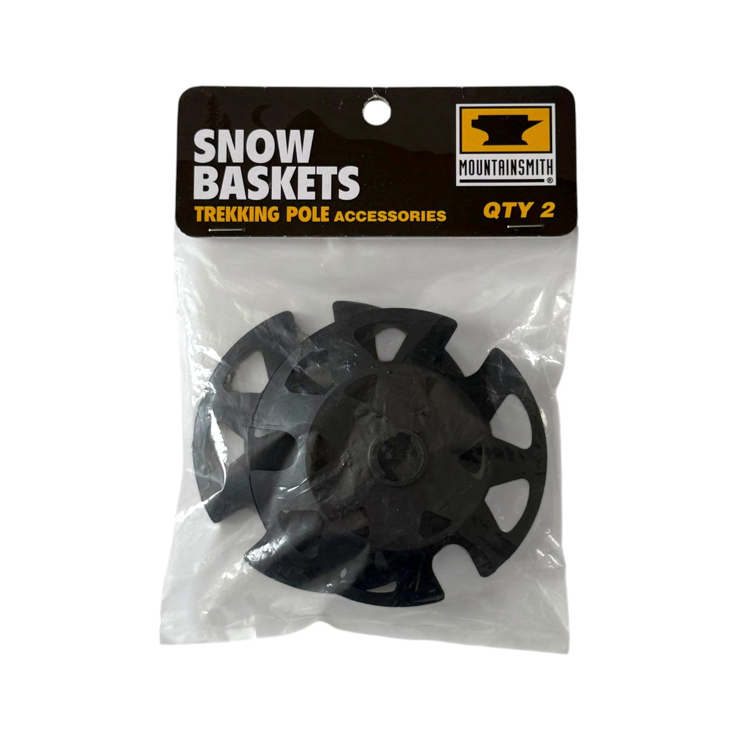 A pair of black plastic snow baskets packaged in a clear plastic bag with a black header card. The header card features the text 'SNOW BASKETS', 'TREKKING POLE ACCESSORIES', and the 'MOUNTAINSMITH' brand logo.