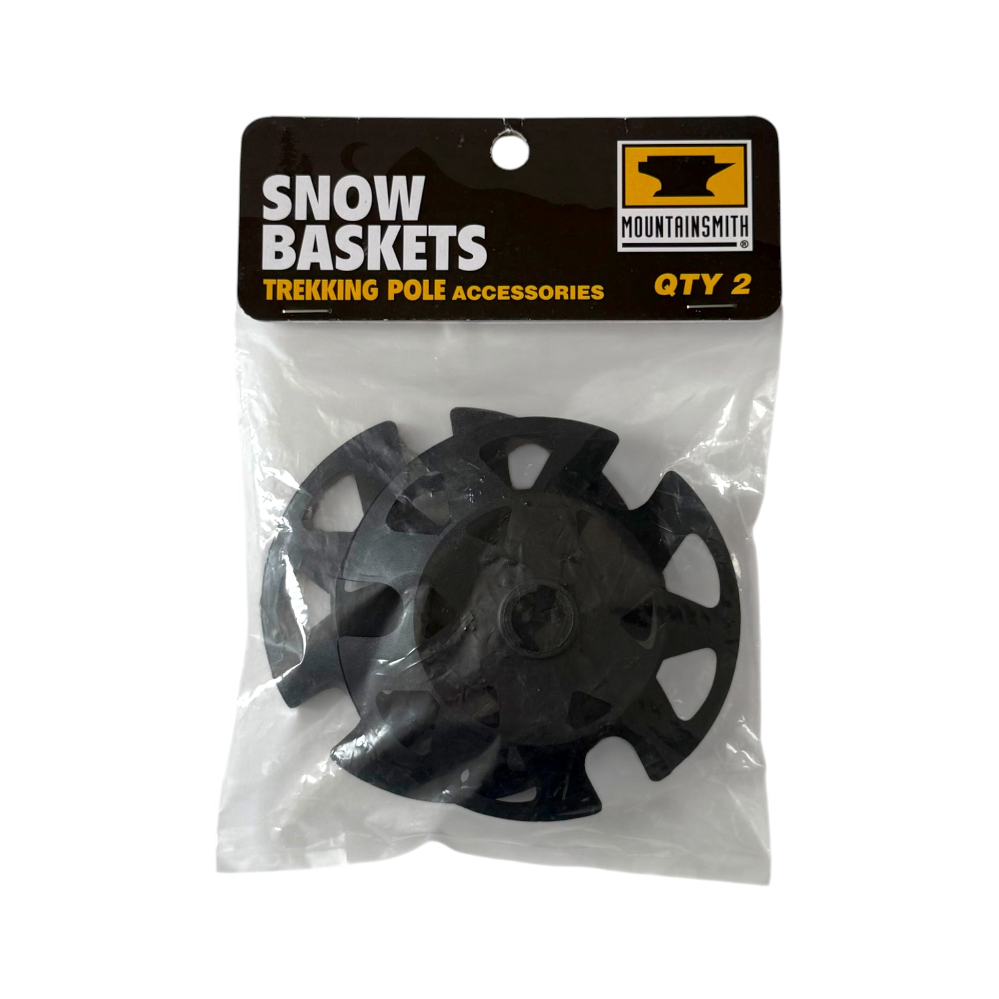 A pair of black plastic snow baskets packaged in a clear plastic bag with a black header card. The header card features the text 'SNOW BASKETS', 'TREKKING POLE ACCESSORIES', and the 'MOUNTAINSMITH' brand logo.