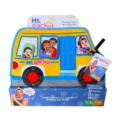 Toy activity bus with characters and educational elements on a white background