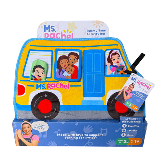 Toy activity bus with characters and educational elements on a white background