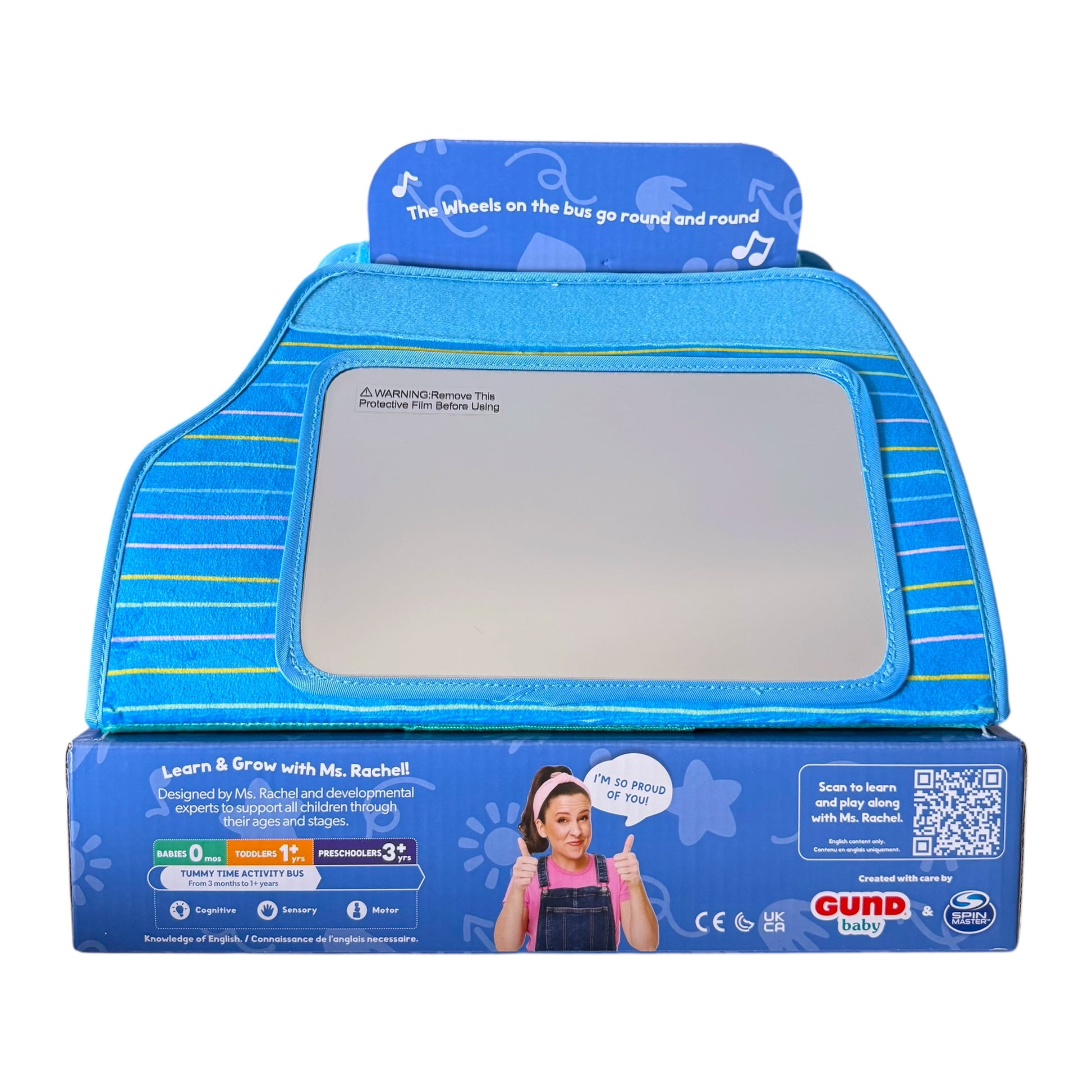 Blue educational toy with screen and branding on a white background