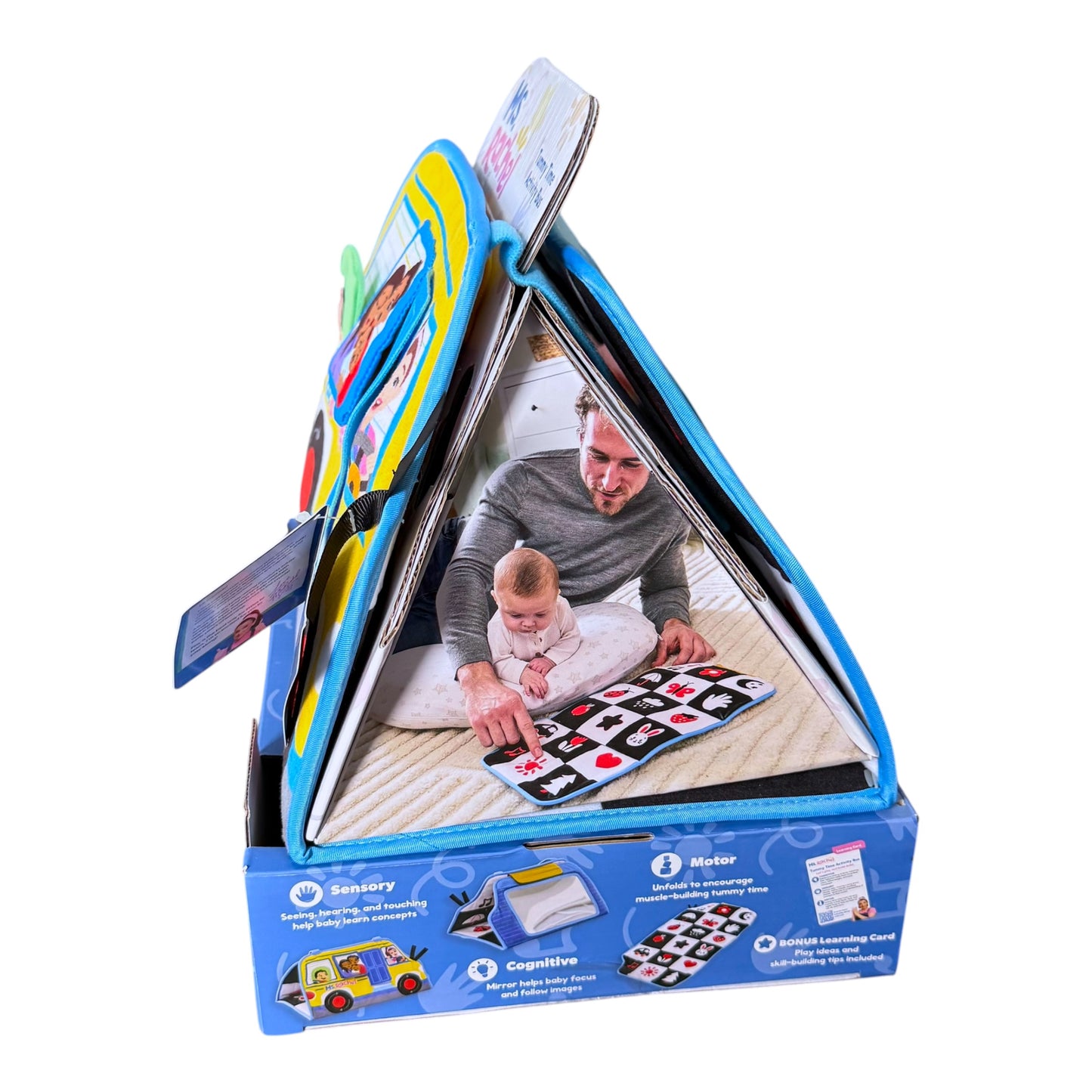 Toy packaging with a father and child playing on a white background